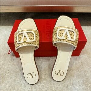 Valentino Cream Raffia Logo Slide Sandals - Natural Cream